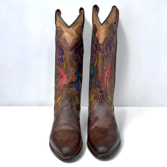 Oak Tree Farms Western Boots Bird Flower Custom Handmade Leather Teak 7.5 OOAK - Picture 4 of 12